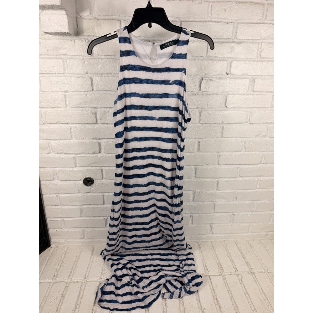 Coastal Lauren Ralph Lauren L Blue White Striped Linen Maxi Dress Sleeveless